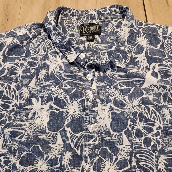 Retrofit Brand Hawaiian‎ Shirt Blue Tropical Hawaiian Palms Cotton Mens 2XL EUC - Picture 5 of 9